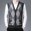 Gilets pour hommes Hommes Laine Col V Pull tricoté Gilet Cardigan Plaid Color Block Casual Bouton polyvalent Double Pulls de poche