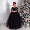 Black Kids Birthday Party Dresses Flower Girl Dresses Sheer Neck Long Sleeves Lace Ball Gown Princess Flowergirl Gowns Daughter and Mother Dress CF043