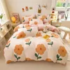 Ensembles de literie Ensemble de housse de couette en velours d'hiver épais Lait chaud Kawaii Linge de lit en microfibre double face