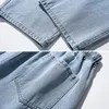 Men's Jeans 1Pc Wide Leg Men Drawstring Elastic Waist Retro Loose Fit Straight Pockets Soft Breathable Ankle Length Ninth Pants