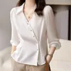 Vrouwen Blouses Elegante Half Open Kraag Gesplitst Gaas Plooien Shirts Kleding 2024 Herfst Winter Losse Koreaanse Tops Asymmetrisch