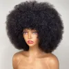 Fluffy Afro Kinky Curly Human Hair Wig with Thick Bang 70s Natural Short Bob Wigs for Black Women 180% Density Full Lace Front Wig