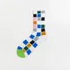 Women Socks French Retro For Artistic Colorful Checkered Cotton Mid Calf Ins Creative Loose Cuff