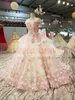 Pink Quinceanera Dresses Luxury 3D Floral Applique Handmade Flowers Beaded Cap Sleeves Scoop Neck Sweet 15 16 Birthday Prom Party Ball Gown