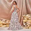 Ethnic Clothing Elegant Beach Chiffon Floral Print Long Dress Women 2024 Summer V-Neck Sleeveless High Waist Party Maxi Evening Wedding