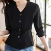 Blouses Femmes Chemises noires Femmes Col V Manches longues Chic Gracieuse Taille définie Courte Automne Hiver Bureau Lady Tempérament doux Femme