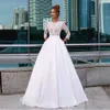 Witte prinses Elegante trouwjurken Juwelier Nek 3/4 Lace Sleeve Appliques Country Bridal Jurys Pocket Satin Vestido de Novia