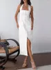 Casual Dresses Jyate White Fashion Pending Halter Backless Dress 2024 Summer Square Neck Single Breasted Midi Women Vestidos