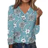 Women's T Shirts Fashion Casual Long-Sleeved Vintage Printed V-Neck Button-Up Top Slim-Type Temperament Daily Pullover Ropa De Mujer