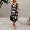 Robes décontractées Femmes Summer Wrap Col V Sans manches Boho Floral Strap Une ligne Flowy Beach Sundress avec robe tunique