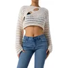 Women's T Shirts Hollow Out Crochet Crop Tops Summer Long Sleeve Round Neck Solid Color Loose Knitted T-Shirts Y2K Sweater