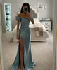 Haze Blue Mermaid Prom Dress Off Shoulder Satin Evening Dress Elegant veck Split Formal Long Special Occase Party Dress Promdress Robe de Soiree