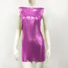 Casual Dresses Sexy Metal Sleeveless Side Slit Mini For Nightclub Party Women Deep Pink Chainmail Safety Pin Dress