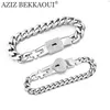 Bracelets AZIZ BEKKAOUI Fashion Name Heart Jewelry Lock & key Couple Bracelets Stainless Steel Figaro Chain Bracelets Drop Shipping
