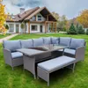 Patio Furniture Set, 4 Piece Outdoor Patio Rattan Corner Sofa Set, 9 Seater PE Rattan Wicker Dining Table Set with Tempered Glass Table, Conversation Sofa Sets