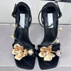 Zea Drop Heels Sandals Sandals Luxury Womens Shoes Slingbacks Crystal Metal Flower Summer Summer Buckle Leathe