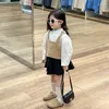 Clothing Sets 2024 Spring Summer Children Girl 3PCS Clothes Set Cotton Shirt Knitted Vest Solid Pleated Skirt Baby Outfit Kids Suits