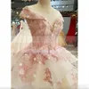 Pink Quinceanera Dresses Luxury 3D Floral Applique Handmade Flowers Beaded Cap Sleeves Scoop Neck Sweet 15 16 Birthday Prom Party Ball Gown