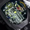 Мужские часы Bugatti Chiron Tourbillon Autoamtic, 16-цилиндровый двигатель, скелетонизированный циферблат, черный стальной корпус с PVD-покрытием, резиновый ремешок, Super Edition Eternity Wat