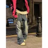 Calças de brim masculinas chama bordada bootcut emendado e moda americana retro lavada tendência de rua alta ins calças retas