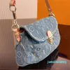 Designer Women Mini Pretty Denim Shoulder Bag Flowers Printed Canvas Underarm Handbag 2024