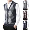 Gilets pour hommes Hommes Laine Col V Pull tricoté Gilet Cardigan Plaid Color Block Casual Bouton polyvalent Double Pulls de poche