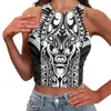 Tanques femininos Polinésio Tribal Pohnpei Totem Tatuagem Impressões Cinza Arte Vintage Tops Mulheres Sem Mangas Slim Expor Umbigo Backless Ice Silk