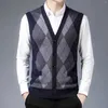 Gilets pour hommes Hommes Laine Col V Pull tricoté Gilet Cardigan Plaid Color Block Casual Bouton polyvalent Double Pulls de poche