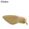 Eilyken Fashion Gold Rhinestone PVC 투명 여성 펌프 스프링 가을 하이힐 신발 섹시 파티 웨딩 폴 댄스 샌들 240119