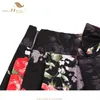 Saias sishion 2024 verão impressão mulheres ss0012 cintura alta y2k plissado arco bolso femme jupes midi saia floral preta