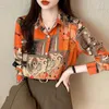 Blusas femininas vintage cetim camisas de seda listra flor impressão de manga comprida feminino topos elegante magro botão escondido primavera outono roupas