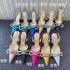 Sandaler Mach Ladies Ankle Strap Crystal Pumpar Rhinestone Bow High Heels Pointed Satin Sparkling Fairy Wedding Women's Shoes