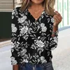 Camiseta feminina moda casual de manga comprida vintage impresso com decote em v botão-up topo fino-tipo temperamento diário pulôver ropa de mujer