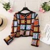 Malhas femininas retro primavera outono camisola de malha para mulher manga longa crochê cardigan colorido padrão geométrico abotoado casaco de malha