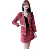 Work Dresses Autumn Red Women Two Pieces Clothes Set Long Sleeve Plaid Jacket Pencil Skirts Twinset Elegant Office Lady Skirt Suits Party