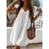 Robes décontractées Blanc évider robe en coton pour femmes robe d'été à manches courtes fête boho élégant lâche surdimensionné robe de femme