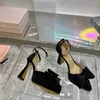 Mach satijn dames platform sandalen Kristal verfraaide strikken enkelbandje Avondschoenen zijde chunky hakken pumps schoen dames luxe ontwerpers fabrieksschoeisel