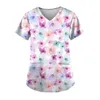 Kvinnors T-skjortor Kvinnor Uniform Floral Print Tops V-Neck Pocket Uniforms Nursing Scrub Working Clothes Care Workers Blus 2024 Spring