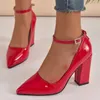 Almond Red 10cm Ultra High Foot Shoulder Strap Pump Women's Shoes Pointed Toe Fashion Crystal Buckle Patent Leather Plus Size 50 240123