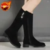 Botas sapatos para mulher meados de bezerro redondo dedo do pé preto meia alta mulheres elegantes com saltos baixos à prova d'água bota tendência 2024 venda calçado