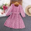 Girl's Dresses Autumn New Dress Kids Girls 4-7 Years Little Girl Pink Black Floral Square Collar Long-Sleeved Dress Casual Vacation Dress