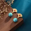 Dangle Earrings Chinese Style Vintage Fan-shaped S925 Silver Plated Gold Southern Red Turquoise Pendant For Women Date HanFu Jewelry