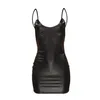 Casual Dresses Women Sexy Backless Club Party Short Dress Solid Black Bodycon Faux Leather Sling Leotard