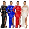 Work Dresses Sexy Rhinestone Beaded Sequin Mesh Two Piece Slit Skirt Set Women Clubwear For Party Bodycon Tops And Long Pants Outfits Sets