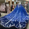 Trem Royal Blue Glitter Court Quinceanera vestidos de baile vestidos de formatura formal de formatura com capa princesa sweet 15 16 vestidos s