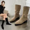 Boots Solid Color Mid Women Autumn Fashion Square Heel Suede Western Non-slip Walking Hiking Shoes Botas De Mujer Largas