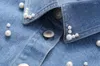 Kvinnors blusar 2024 Spring Autumn Pearl Design Denim Shirts For Women Casual Long Sleeve Lapel Blouse Jacket Fashion Vintage Ytterkläder toppar