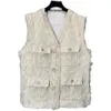 Gilet da donna 2024 Moda donna Alta qualità senza maniche con scollo a V Barba Tasca da donna Stile Tweed Vest Top 0731