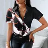 Damenblusen, Vintage-Druck, Damen-Farbblock, kurzärmelig, Revers-Oberteile, elegante Damen-Freizeithemden, Blusas, elegante Urlaubs-Arbeitskleidung