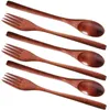 Ensembles de vaisselle 6 pièces cuillère et fourchette en bois ensemble de deux pièces avec longue poignée vaisselle portable solide adultes ustensiles de cuisine de gâteau